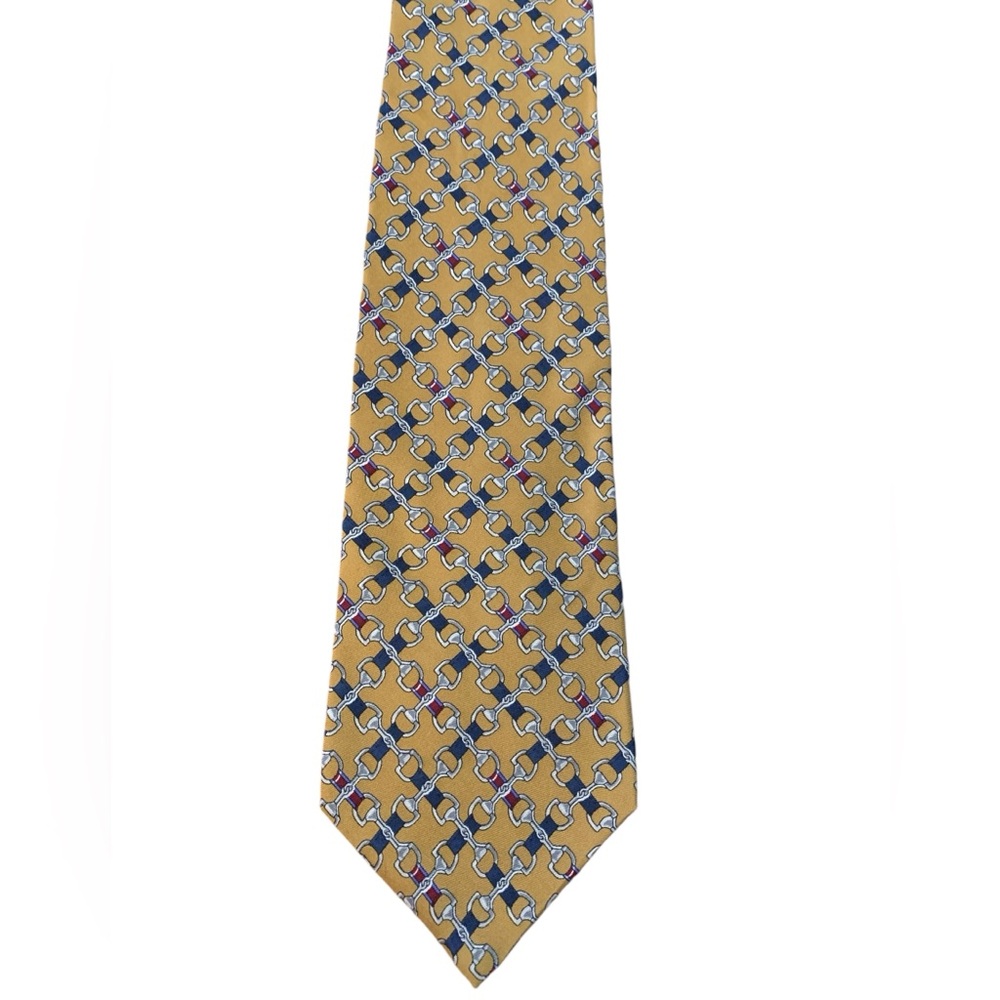 Brooks Basics horse bit pattern silk tie. Gold background with red and blue. EUC